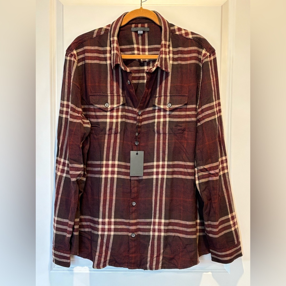 $228 NWT John Varvatos Shirt XXL Red Plaid Men's Dale Button-Up Shirt 2XL Cotton